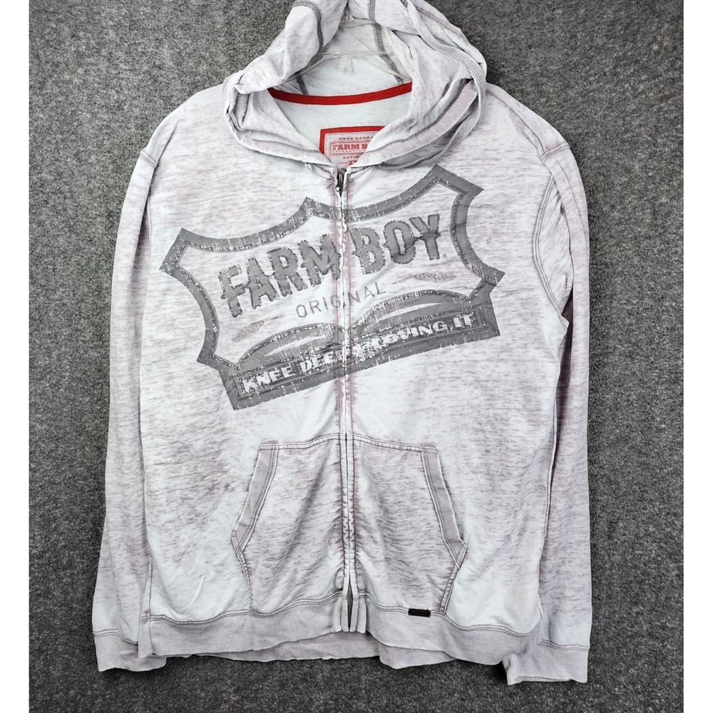 Farm Boy Full Zip Hoodie Mens XXL Gray Burnout Graphic Knee Deep & Lovin It